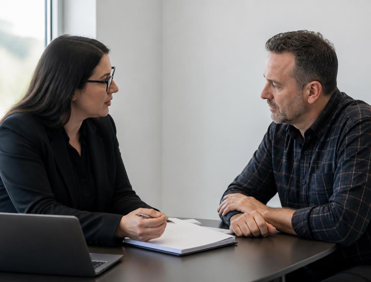 An insurance advisor reviewing policy paperwork at a table with a small business owner