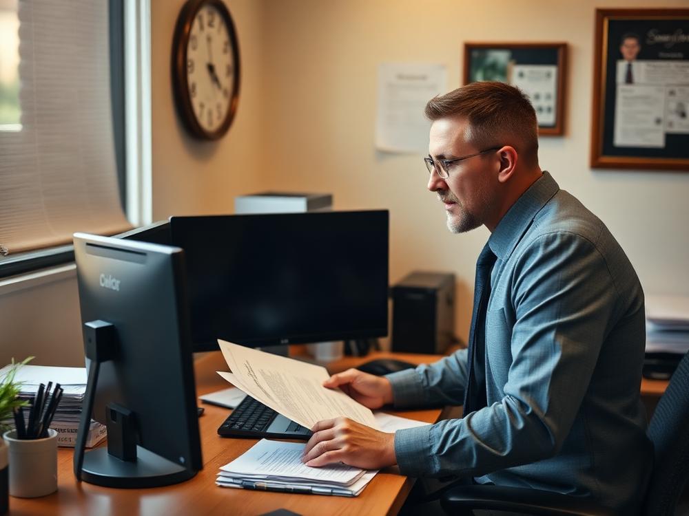 An independent insurance agent reviewing policy documents at a desk in an agency office