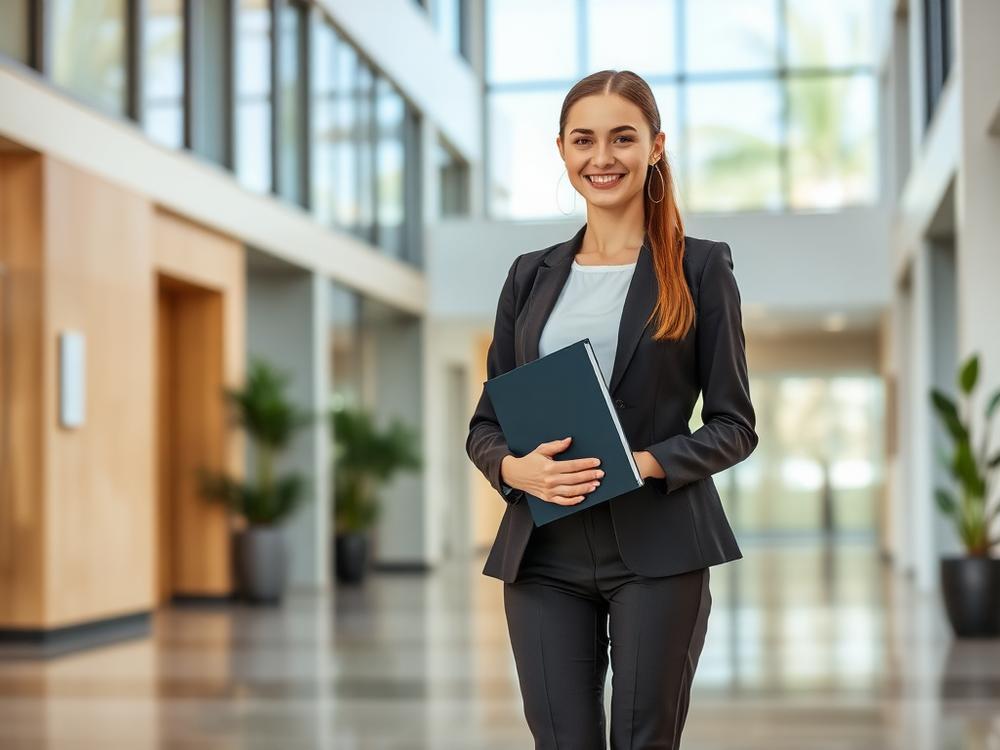 A prospective agency partner holding a folder in an agency reception area