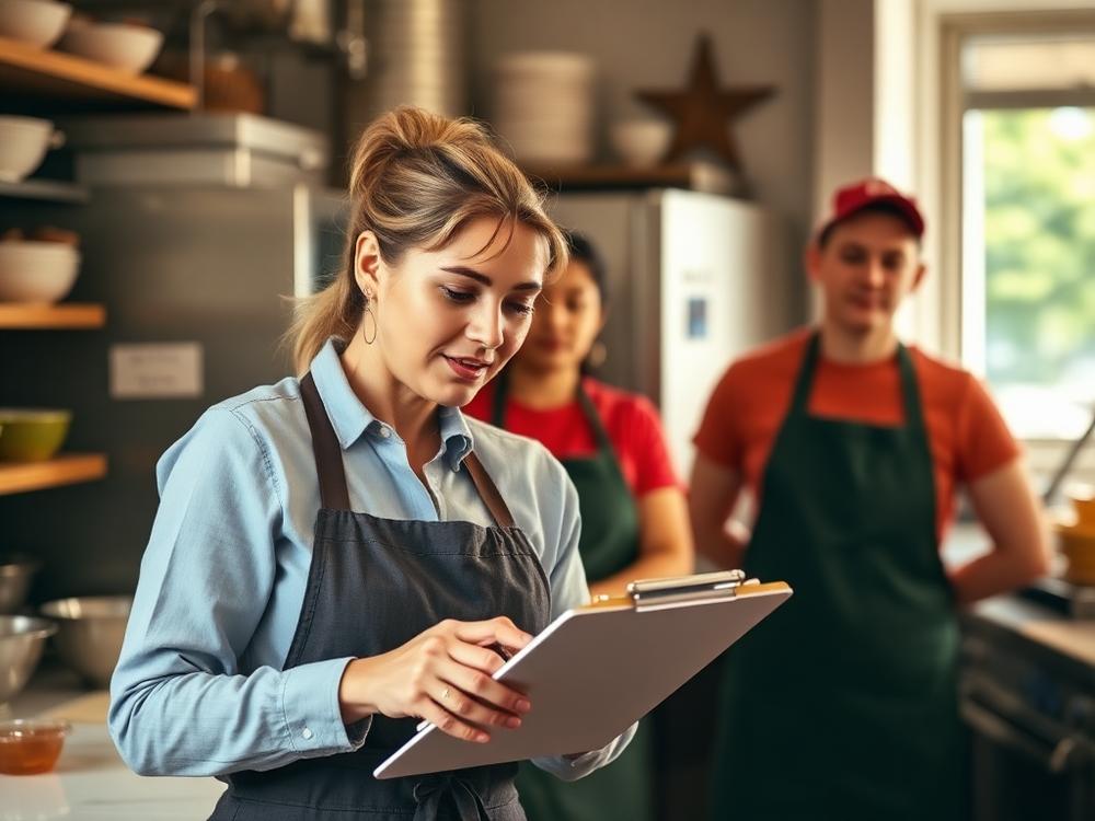 A bakery owner checking a clipboard while two employees work behind her