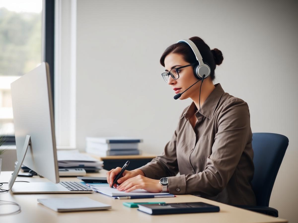A claims support specialist wearing a headset taking notes during a call